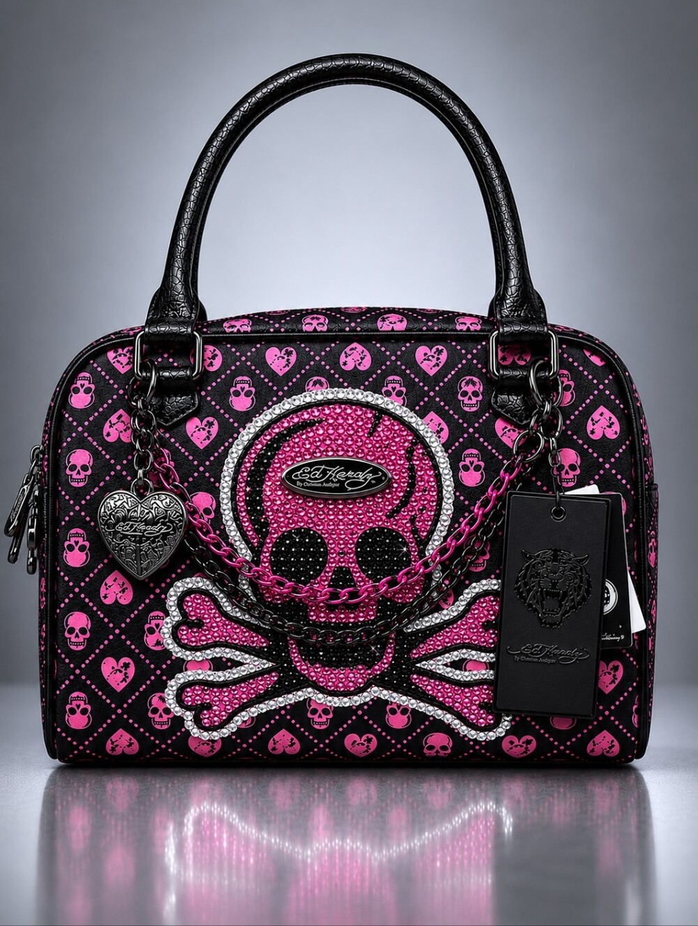 ED HARDY Rhinestone SKULL CROSSBONES SATCHEL Black & Pink BAG Y2K NWT